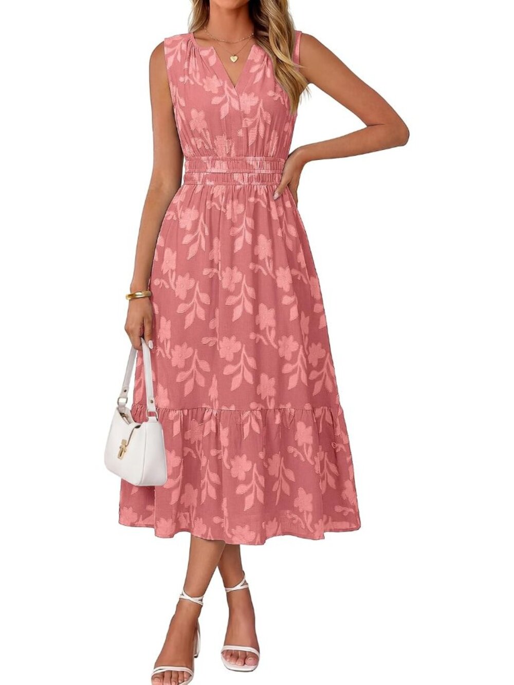 Women's Rust Pink Sleeveless V Neck A LINE Floral Casual Imported Maxi Dress